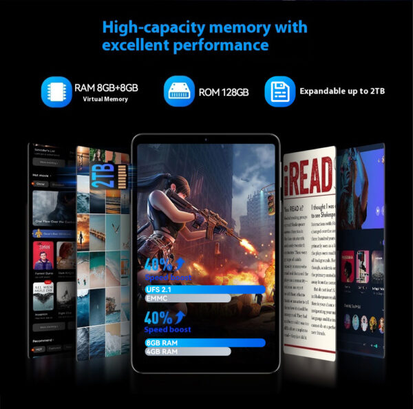 HEADWOLF FPad 6 8.4 pouces Andorid 14 tablette 8GB RAM 128GB ROM MTK G99 octa-core 4G SIM 6500 mAh batterie – Image 13