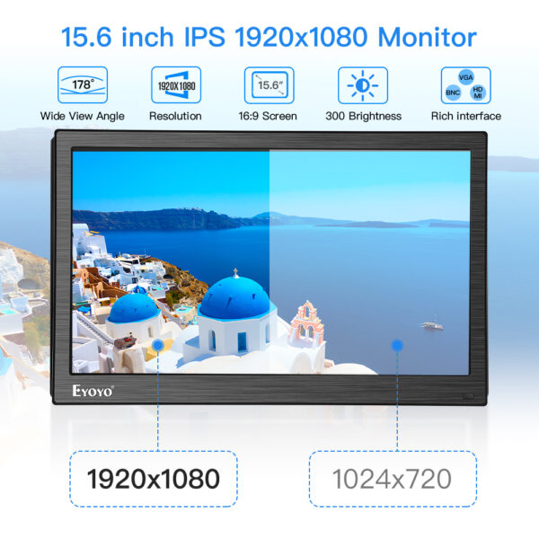 Eyoyo-Moniteur à écran IPS 15.6, écran HDMI 1920x1080, AV/VGA/BNC/USB, port HDMI 178 ° avec télécommande, moniteur FHD pour PC CCTV – Image 7