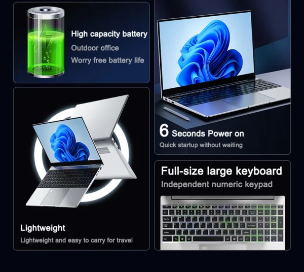 Original 15.6 "ordinateur portable N95 FHD IPS affichage 120 Hz écran ultra-clair 7500 mAh 32 GB/2 to SSD clavier rétro-éclairé déverrouillage par empreinte digitale – Image 6