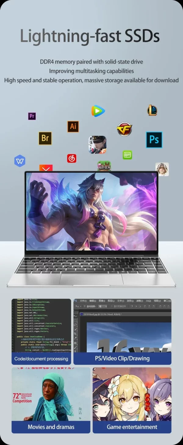 14 "ordinateur portable professionnel Intel N3700 16GB RAM384GB stockage corps Ultra mince ordinateurs portables de jeu Windows 11 pc de jeu 256GB/512GB/1TBsilver – Image 19