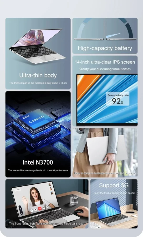 14 "ordinateur portable professionnel Intel N3700 16GB RAM384GB stockage corps Ultra mince ordinateurs portables de jeu Windows 11 pc de jeu 256GB/512GB/1TBsilver – Image 15