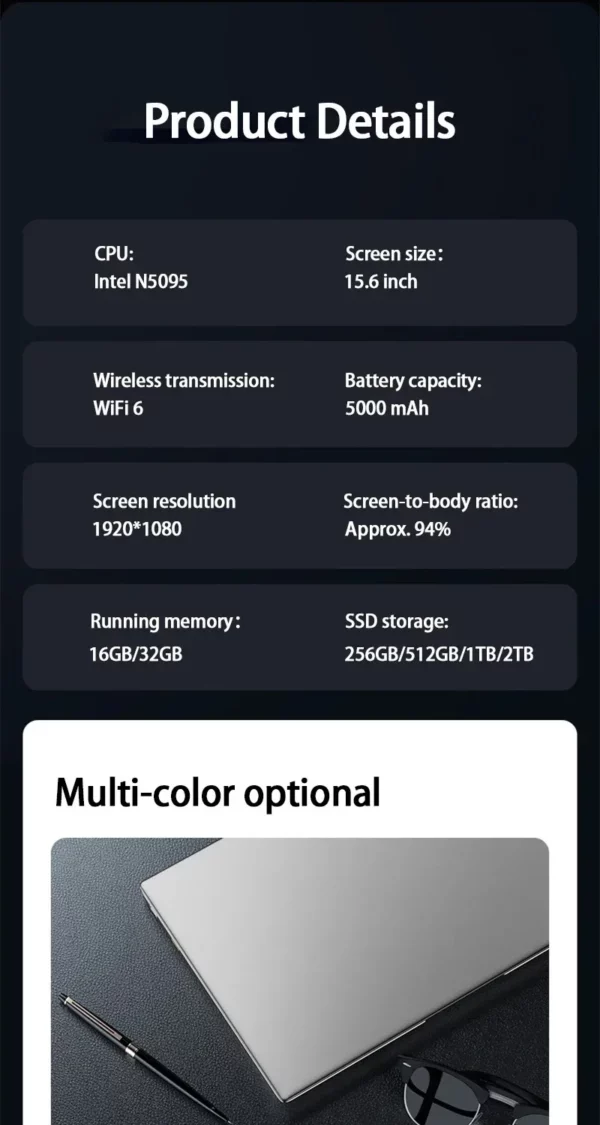 YEPO 15.6 "ordinateur portable Ultra mince 16GB RAM 2 to SSD Intel N5095 ordinateur portable Gamer 1920*1080 affichage bureau étude ordinateur PC Windows 11 – Image 34