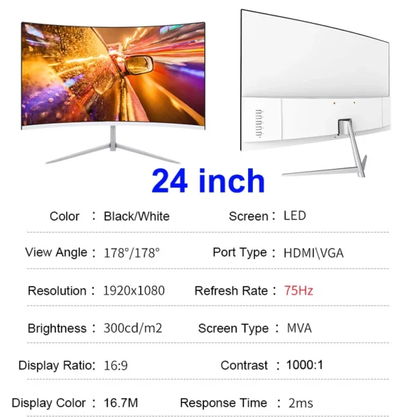 Écran incurvé d'ordinateur Gaming MVA FHD 24/27 P, 1080 pouces, 75Hz, 2800R HDMI/VGA DCR, protection des yeux, VESA 100x100, réponse 2ms – Image 9