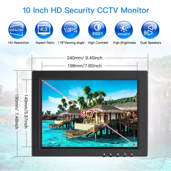 Eyoyo 10 pouces CCTV moniteur de sécurité 4:3 IPS écran LCD 1024x768 petit écran d'ordinateur TV pour PC avec entrée HDMI BNC VGA AV USB – Image 9