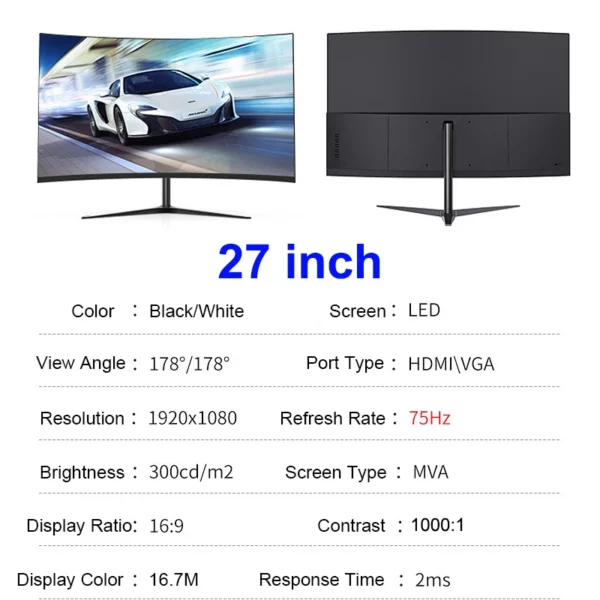 Écran incurvé d'ordinateur Gaming MVA FHD 24/27 P, 1080 pouces, 75Hz, 2800R HDMI/VGA DCR, protection des yeux, VESA 100x100, réponse 2ms – Image 10