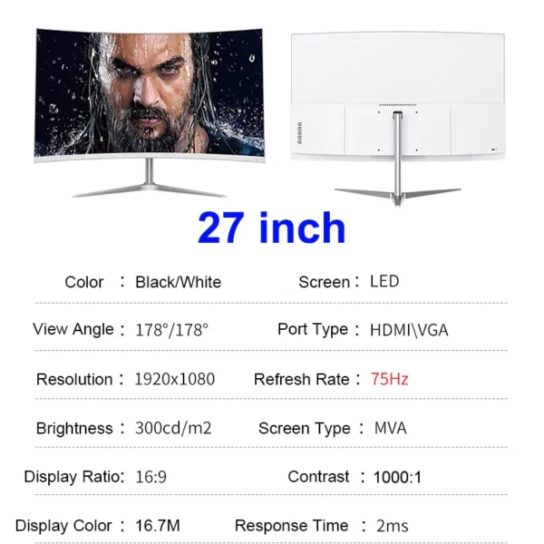 Écran incurvé d'ordinateur Gaming MVA FHD 24/27 P, 1080 pouces, 75Hz, 2800R HDMI/VGA DCR, protection des yeux, VESA 100x100, réponse 2ms – Image 8