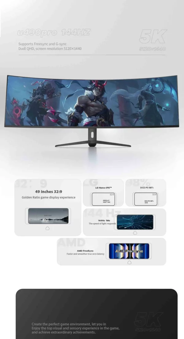 Écran LCD incurvé ultra large de 49 pouces, 5K, 144Hz, type petDP, pour ordinateur de bureau gaming, 3800R – Image 8