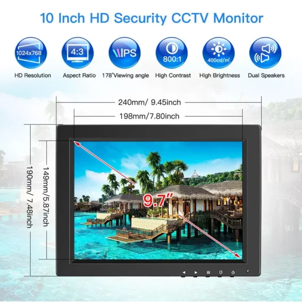 Eyoyo 10 pouces CCTV moniteur de sécurité 4:3 IPS écran LCD 1024x768 petit écran d'ordinateur TV pour PC avec entrée HDMI BNC VGA AV USB – Image 2