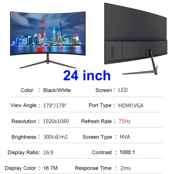 Écran incurvé d'ordinateur Gaming MVA FHD 24/27 P, 1080 pouces, 75Hz, 2800R HDMI/VGA DCR, protection des yeux, VESA 100x100, réponse 2ms – Image 7