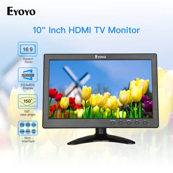 Eyoyo – petit écran LCD HDMI TV 10 ", 1024x600, avec VGA, AV, USB, télécommande, pour système de sécurité de vidéosurveillance, DVD, PC – Image 7