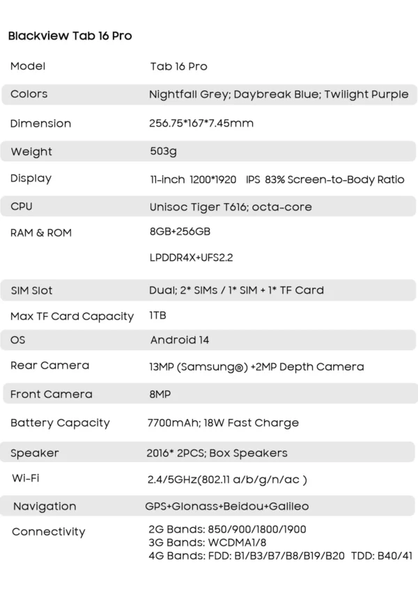 Tablette Blackview Tab 16 Pro  8 Go + 256 Go Écran 11'' FHD + Batterie 7700 mAh Android 14 Widevine L1 Unisoc T616 Tablette PC – Image 44