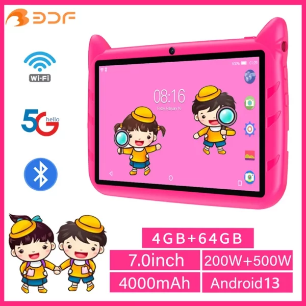 BDF-Tablette Android 13 pour enfants, extension 1 To, 4 Go de RAM, 64 Go de ROM, WiFi 5G, batterie 4000mAh, appareil photo touristique, cadeau pour enfants, logiciel pour enfants, 7 pouces