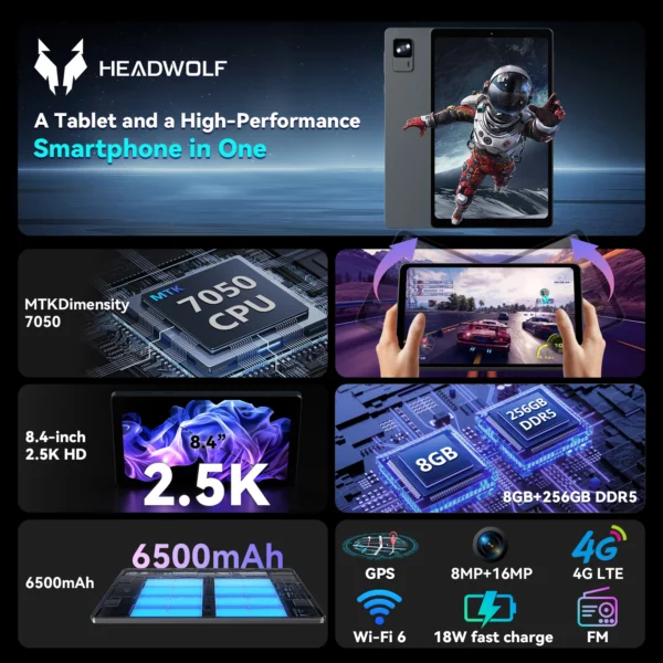 Headwolf FPad7 tablette 8 "FHD affichage Android 15 MTK dimension 7050 CPU 2560x1600 IPS/16GB + 256GB/ 4G LTE 4G LTE Version mondiale – Image 2