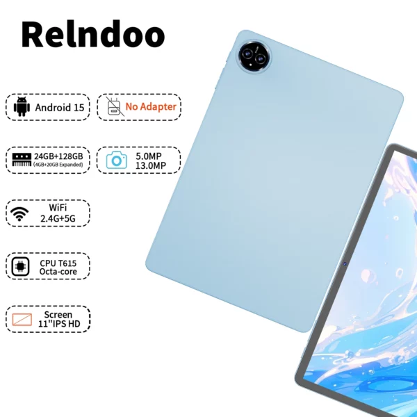 Relndoo Nouvelle tablette Android 15, 24 Go (4 + 20 élargies) RAM + 128 Go de ROM, processeur T615, écran IPS 11 pouces 1280 * 800, WIFI, type C, GPS – Image 3