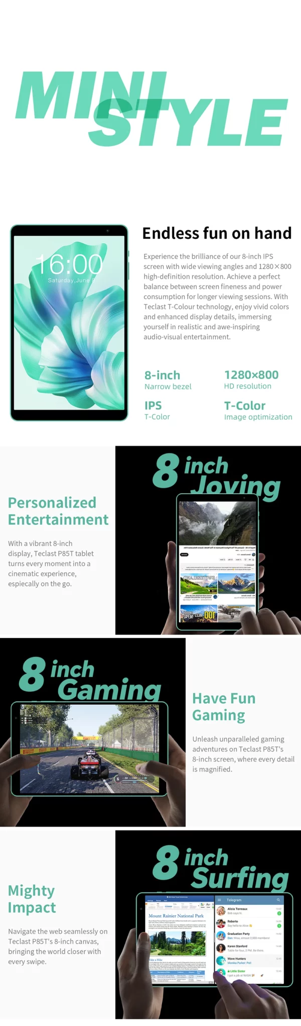 Teclast P85T Android 14 tablette 8 pouces IPS Max 10GB RAM 64GB ROM A523 8 cœurs Wi-fi 6 type-c tablette PC corps métallique 5000mAh type-c – Image 15