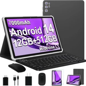 Tablette Pc 10 pouces, 12 go de RAM, 512 go de ROM, double appel téléphonique 4G, WiFi, Google Play, Android 14, 7000mAh, avec étui pour clavier BT gratuit