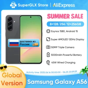 Version mondiale Samsung Galaxy A56 Exynos 1580 5G Smartphone 6.7 "Super AMOLED 120Hz affichage 50MP caméra 5000mAh 45W Charge rapide