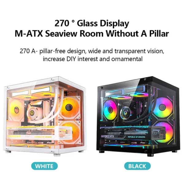 PADO YL M-ATX Boîtier PC de jeu pour ordinateur de bureau 270 °     Boîtier d'ordinateur pour salle de vue sur la mer, sans pilier A, cabine de joueur transparente Double face pour PC – Image 4