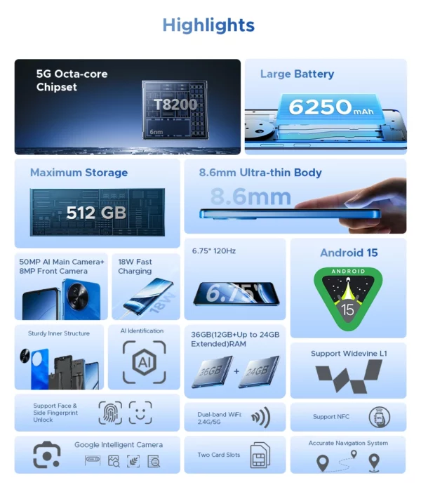 DOOGEE Note59 Pro + 5G Smartphone Android 15 Version mondiale 6250mAh batterie 6.75 ''120Hz affichage 12GB 512GB téléphone portable NFC – Image 13