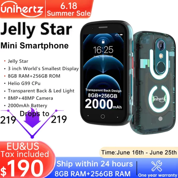 Unihertz Jelly Star Mini Smartphone 8GB 256GB lumière Led débloqué coque arrière transparente téléphones portables pour téléphone de rechange