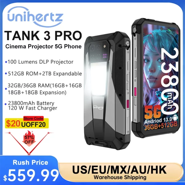 Unihertz-Smartphone Précieux 3 Pro 8849 avec Projecteur, Téléphone Android 14 5G, 32 Go, 512 Go, Appareil Photo 200MP, Dimrespondante 8200, IP68, Bluetooth 5.3