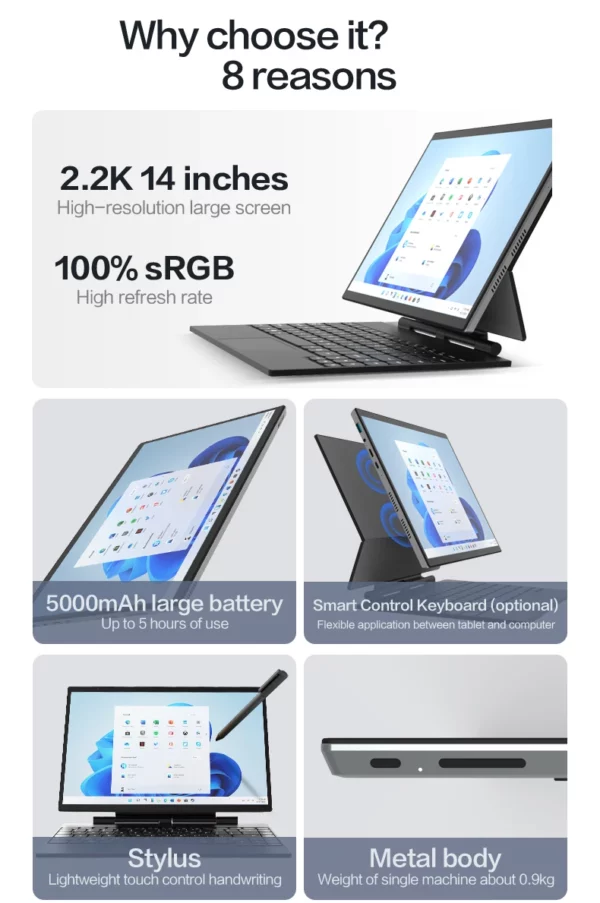 CRELANDER Ordinateur portable 2 en 1 , écran IPS 14 pouces (2240 ​​x 1440), processeur Intel 12e génération DDR4, SSD M2 16 Go/32 Go, Windows 11, tablette PC, ordinateur portable – Image 11