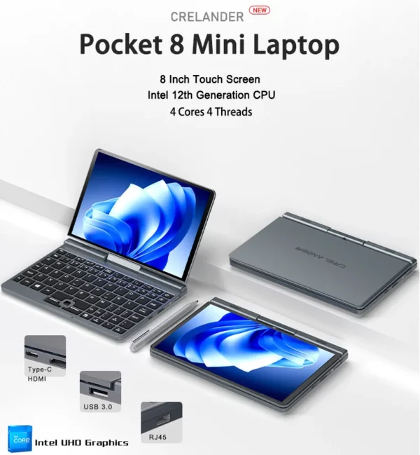 CRELANDER P8 Mini ordinateur portable de jeu 8 pouces écran tactile Intel Alder Lake N150 12GB DDR5 Windows 11 WiFi 6 petit ordinateur portable de poche – Image 2