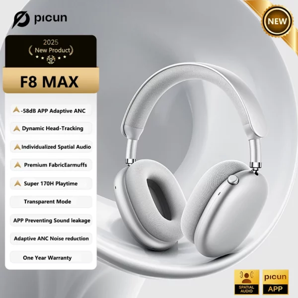 Picun F8 Pro ANC casque sans fil suivi de la tête Audio spatial 3D-52dB ANC HIFI Bluetooth casque ENC HD micro application à faible latence – Image 23