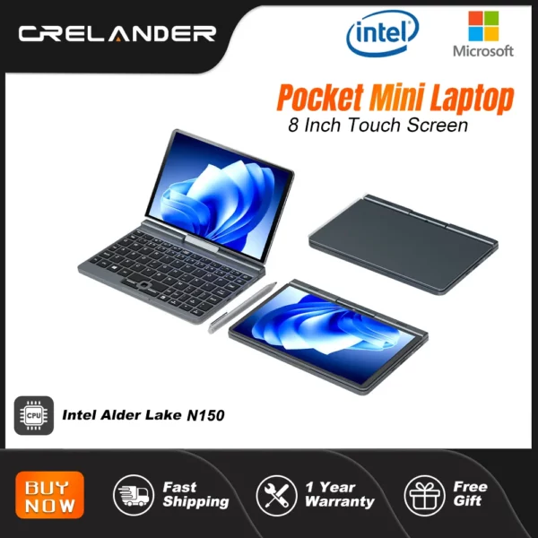CRELANDER P8 Mini ordinateur portable 8 pouces écran tactile Intel lac N150 12GB DDR5 WiFi 6 2 en 1 ordinateur portable tablette PC ordinateur portable de poche