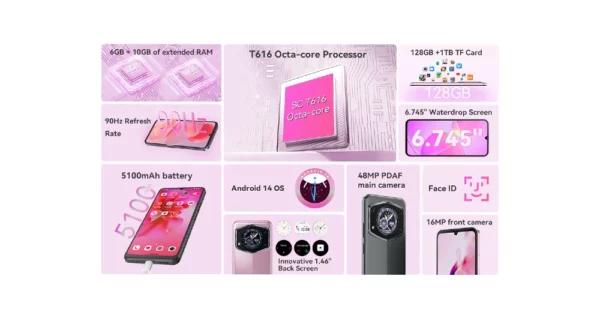 Cubot A30 Smartphone , Android 14, 4G, 16 Go, 6 Go + 10 Go de RAM, 128 Go de RAM, Dean 90Hz, écran 6.745 ", 5100mAh, caméra arrière 48MP, Face ID – Image 13