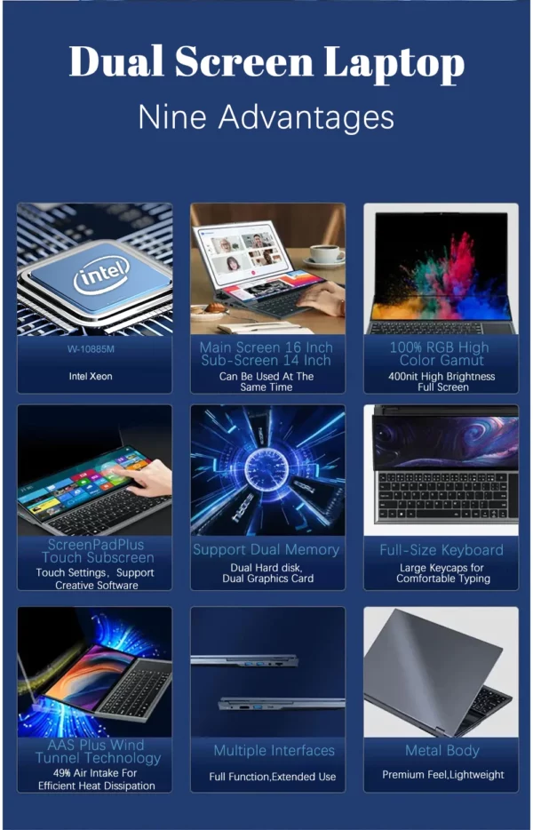 CRELANDER Ordinateur portable à double écran 16 pouces 2K + écran tactile 14 pouces Intel Xeon W-10855M 64 Go de RAM Zenbook Duo Ordinateur portable de jeu – Image 10