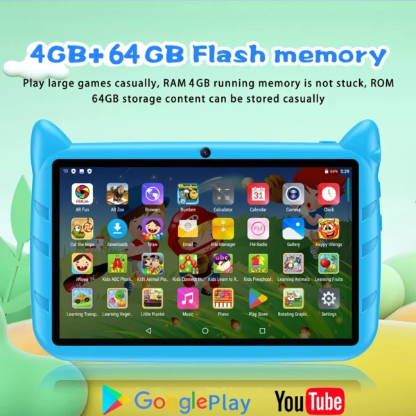 BDF-Tablette Android 13 pour enfants, extension 1 To, 4 Go de RAM, 64 Go de ROM, WiFi 5G, batterie 4000mAh, appareil photo touristique, cadeau pour enfants, logiciel pour enfants, 7 pouces – Image 2