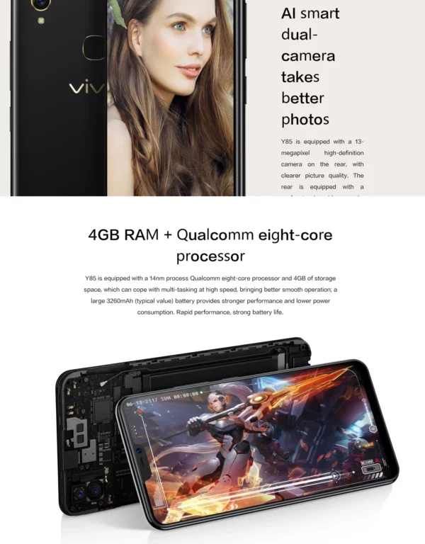 VIVO Y85 Smartphone firmware mondial Android 4G débloqué 6.26 pouces 4GB 64GB caméra 13MP toutes les couleurs en bon état téléphone utilisé – Image 12