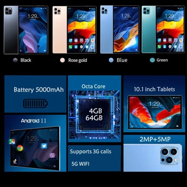 Nouveau Tablette Pc 10.1 pouces, 4 go de RAM, 64 ROM, prend en charge les appels vidéo, double caméra, Google Octa core, Android 11.0, batterie 5000mAh – Image 2