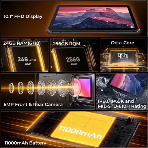 Oukitel RT9 tablette robuste tablette robuste 10.1 "écran HD 24GB RAM 256GB tablette étanche 11000mAh batterie Android 14.0 tablette PC – Image 2