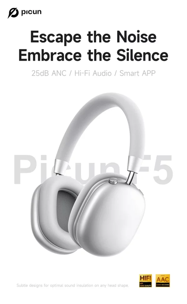 Picun F5 ANC casque sans fil Bluetooth 5.3 haute résolution Audio sur l'oreille casque 25dB annulation de bruit adaptative écouteurs 50H – Image 9