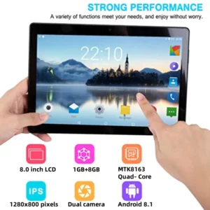 Tablette PC Android 8.1 de 8 pouces, écran tactile capacitif LCD MTK8163, processeur Quad-Core, double caméra, 1 go de RAM, 8 go de ROM, 1280x800 Pixels, GPS
