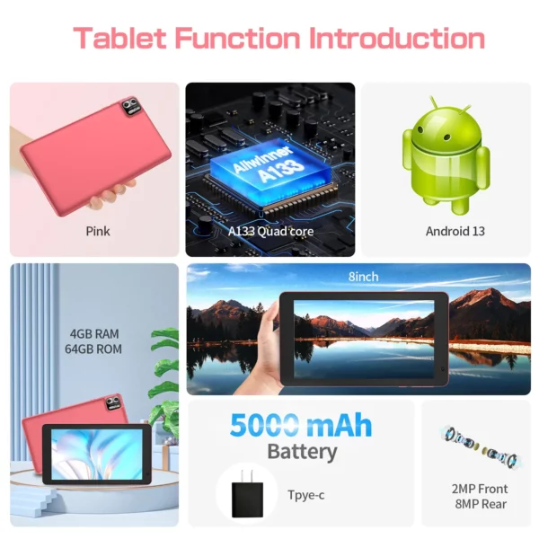 ITOM-Tablette Android 13 avec Wi-Fi, 8 Go de RAM, 4 + 4 Go de RAM, 64 Go de ROM,1 To de ROM, écran IPS 1280x800, batterie 5000mAh, caméra pour touristes, magasin – Image 5