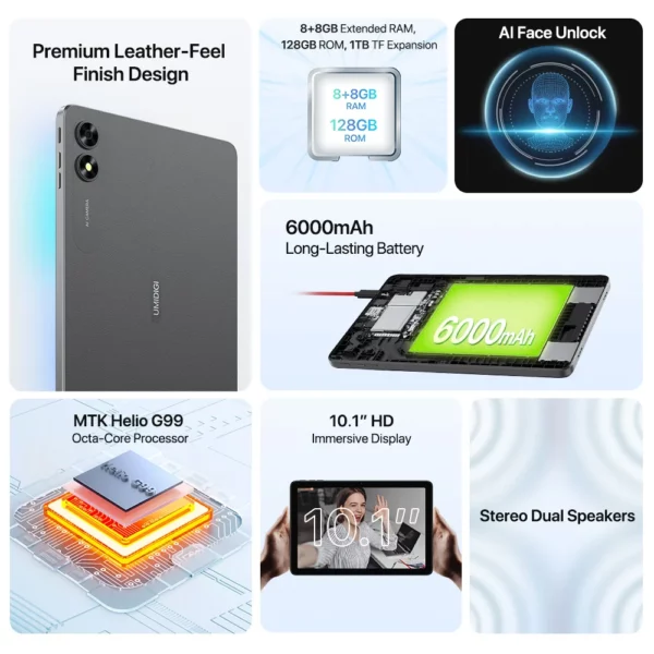 UMIDIGI G3 Tab Ultra MTK G99 Octa-Core 10.1 "HD 8 + 8GB 128GB 1TB TF Extension Android 13 8MP + 8MP 6000mAh batterie longue durée 18W – Image 2