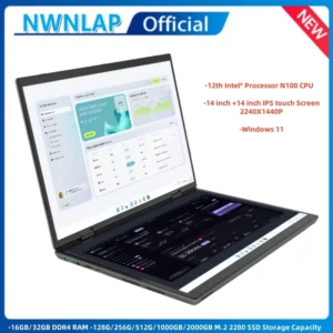 Ordinateur portable double écran 14 + 14 pouces 2K écran tactile ordinateur portable 16G 32G Intel N100 CPU 360 degrés boîtier en métal à rabat 2 en 1 ordinateur portable