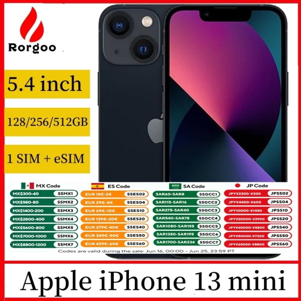 Apple iPhone 13 Mini 5.4 "smartphone débloqué véritable 13Mini RAM 4GB ROM 128/256/512GB A15 Bionic IOS Face ID 5G téléphone portable utilisé