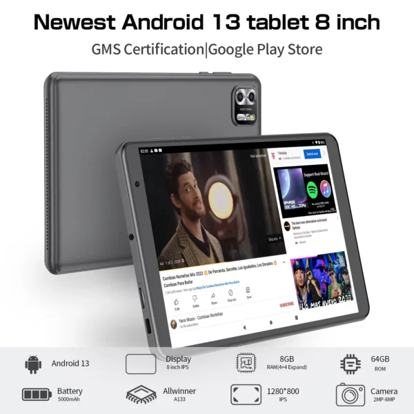 ITOM-Tablette Android 13 avec Wi-Fi, 8 Go de RAM, 4 + 4 Go de RAM, 64 Go de ROM,1 To de ROM, écran IPS 1280x800, batterie 5000mAh, caméra pour touristes, magasin – Image 4