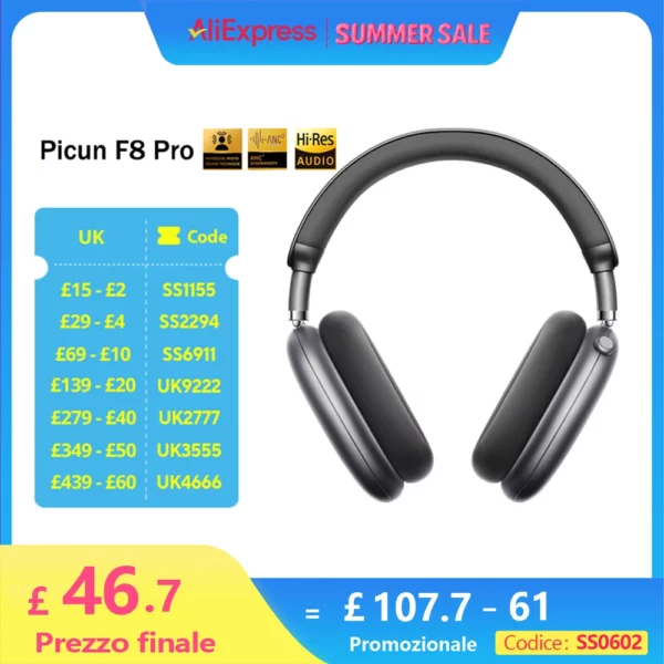 Picun F8 Pro ANC casque sans fil suivi de la tête Audio spatial 3D-52dB ANC HIFI Bluetooth casque ENC HD micro application à faible latence