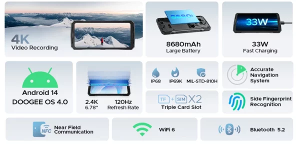 DOOGEE V40 Pro 5G téléphone robuste 6.78 "16GB + 512GB téléphones de jeu dimension 7300 200MP AI caméra 8680mAh Android 14 – Image 11