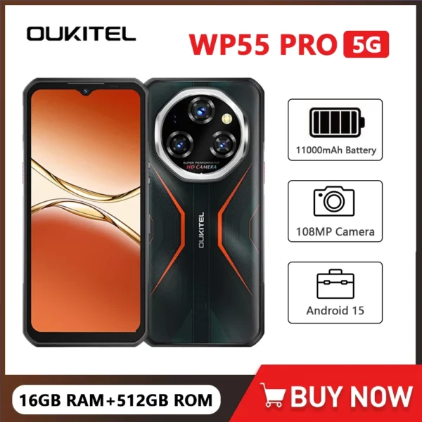 Oukitel WP55 Pro 5G Smartphone robuste Android 15 48GB(16 + 32) + 512GB 11000mAh batterie 33W 108MP 6.6 pouces FHD + téléphone portable