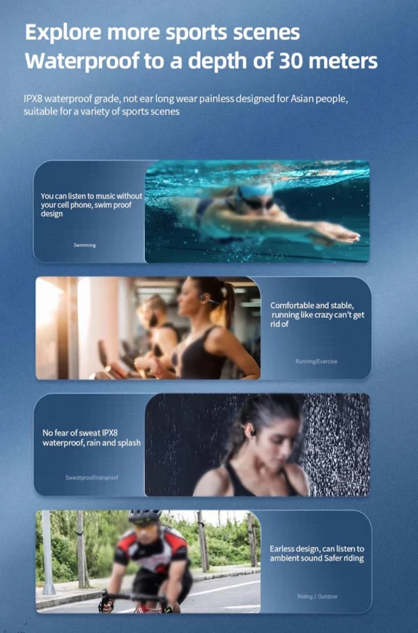 Écouteurs à Conduction osseuse, Bluetooth, sans fil, étanche IPX8, lecteur MP3, Hifi, crochet d'oreille, casque avec micro, pour la natation – Image 28