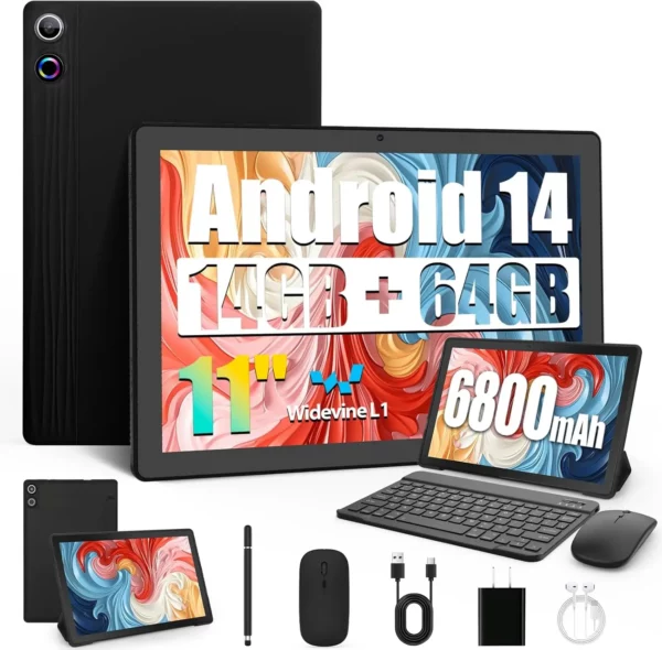 URAO – tablette Android 11 pouces, 14 go de RAM, 64 go de ROM, 6800mAh, écran tactile IPS HD, avec étui de protection pour clavier, stylet de souris, Kit 8 en 1