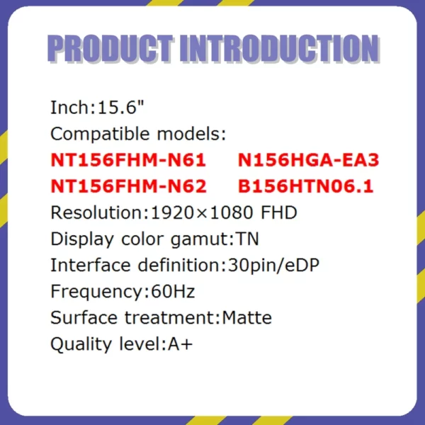 15.6 Slim 30 Pin Écran NT156FHM N61 NT156FHM-N61 NT156FHM-N62 N156HGA EA3 B156HTN06.1 LCD Affichage Panneau 1920*1080 FHD – Image 8