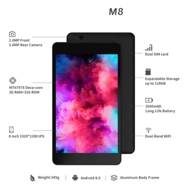 Tablette PC M8 Android 10, 8 pouces, 10 cœurs, 3 Go de RAM, 32 Go de ROM, 1920x1200 IPS, caméra pour touristes, 4000mAh, 4G, AMTK6797, la moins chère – Image 6