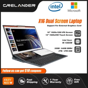 Ordinateurs portables CRELANDER X16 à double écran 16 pouces + 14 pouces à écran tactile Intel 10e Windows 11 Ordinateur portable PC portable